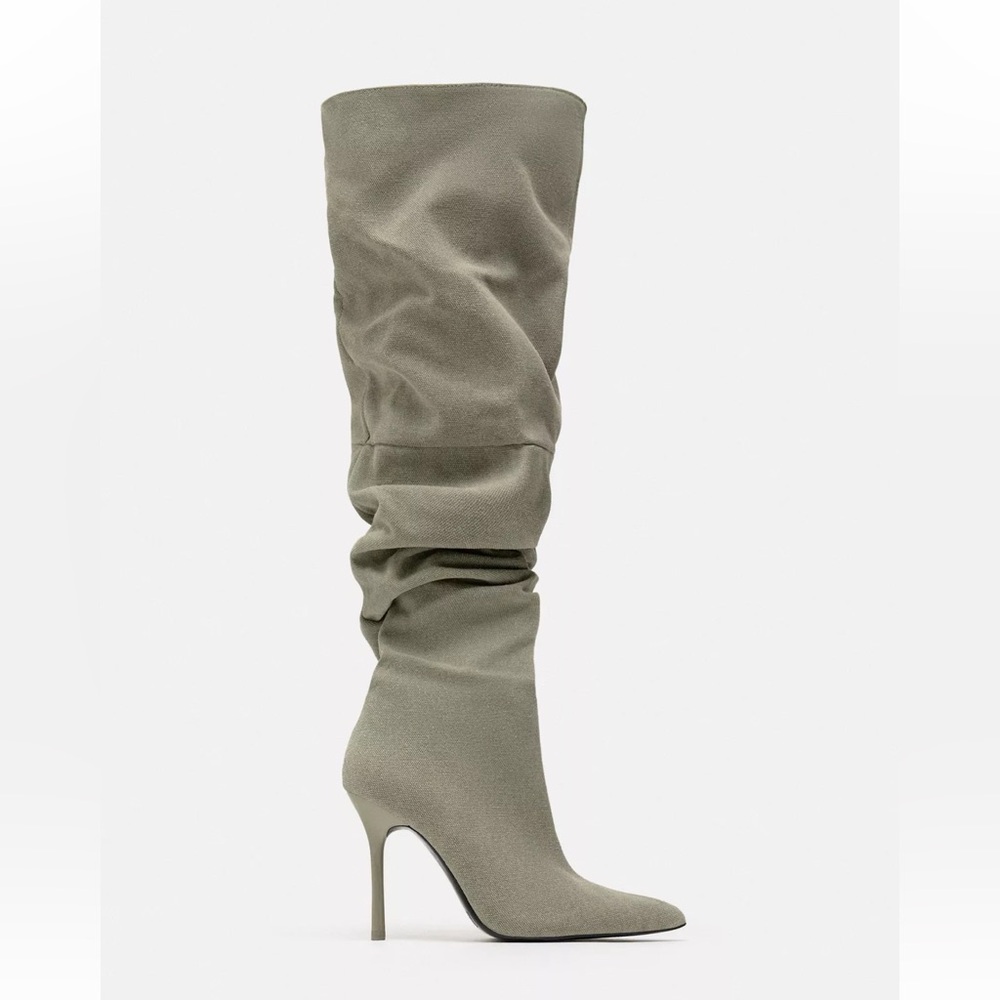 Slouchy Knee-High Denim Stiletto Boots in Olive
